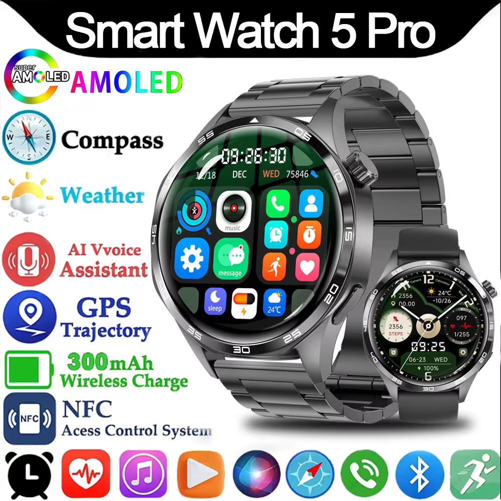 Montre intelligente 5 Pro GPS NFC Smartwatch hommes 360*360 AMOLED écran moniteur de fréquence cardiaque Bluetooth