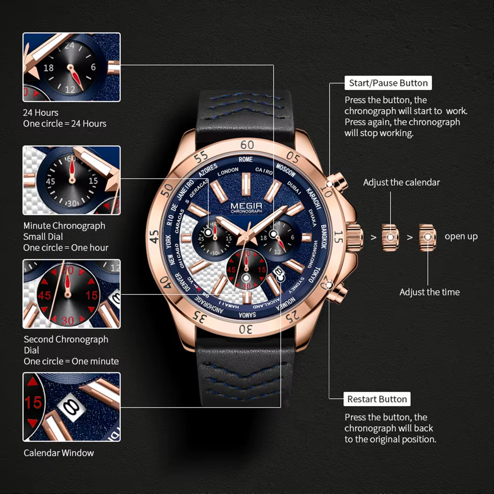 Montres-bracelets à quartz multifonctionnelles à grand cadran MEGIR pour hommes