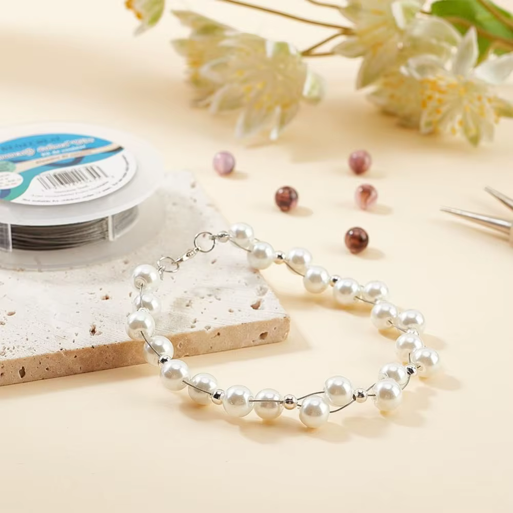 Fil de perles en nylon et acier inoxydable, 19 brins, 0.015 pouces/0.38mm 49 pieds, pour collier et bracelet, kit gris clair
