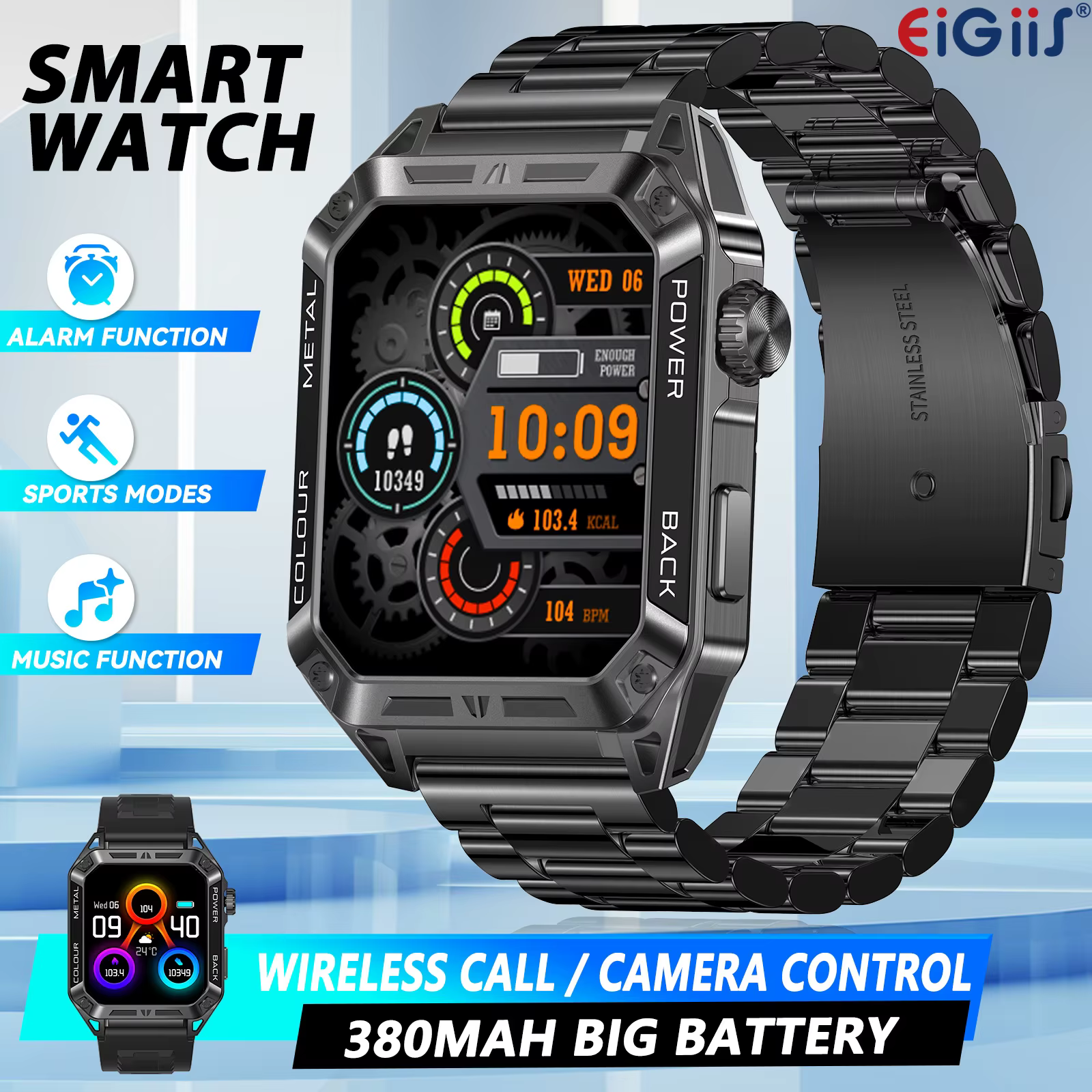 EIGIIS hommes montres intelligentes 1.91 "HD écran tactile 108 + Modes sportifs Fitness Tracker avec fréquence cardiaque SpO2 moniteur de sommeil podomètre