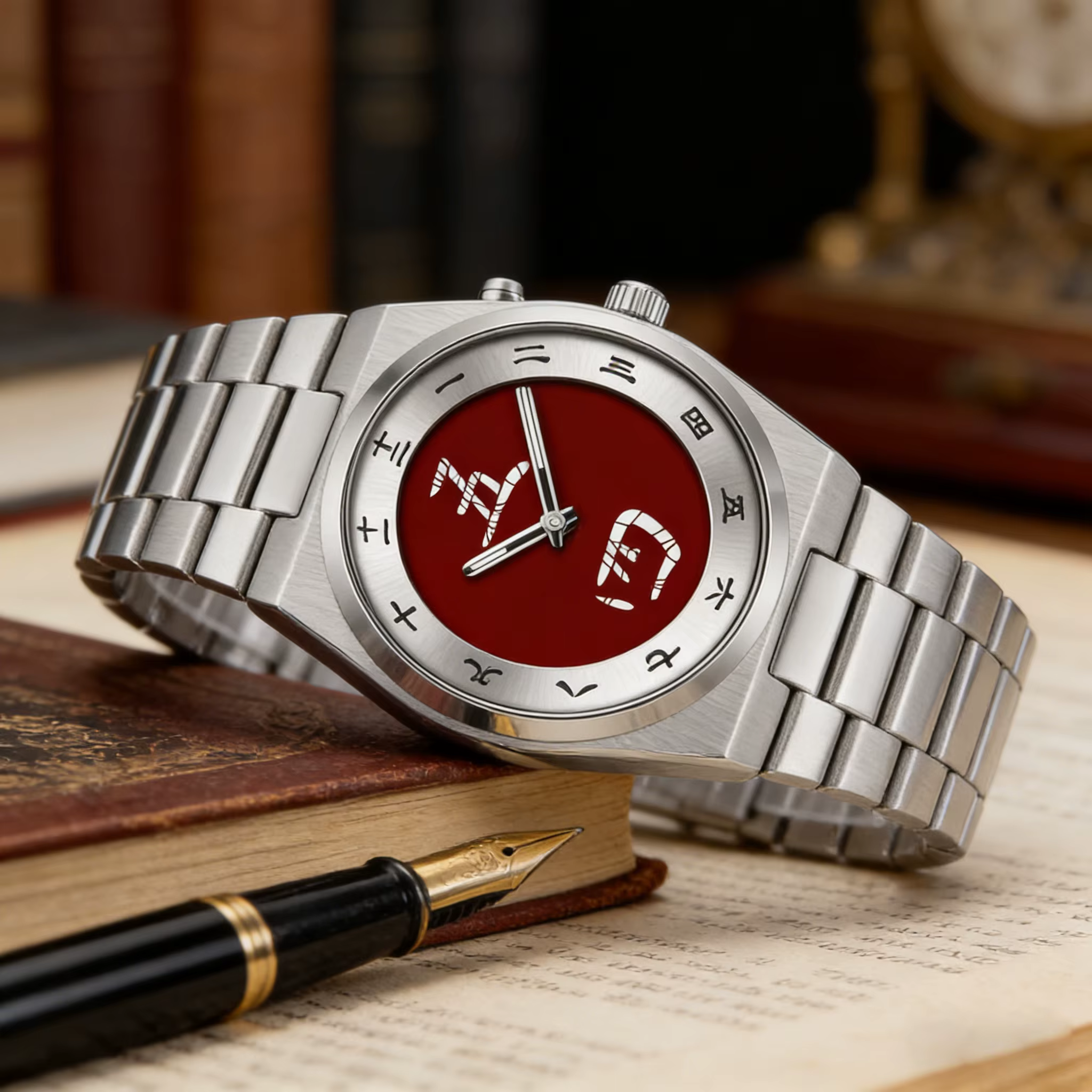 Montre à cadran avec caractères chinois pour homme - Montre-bracelet à quartz vintage avec bracelet en acier inoxydable