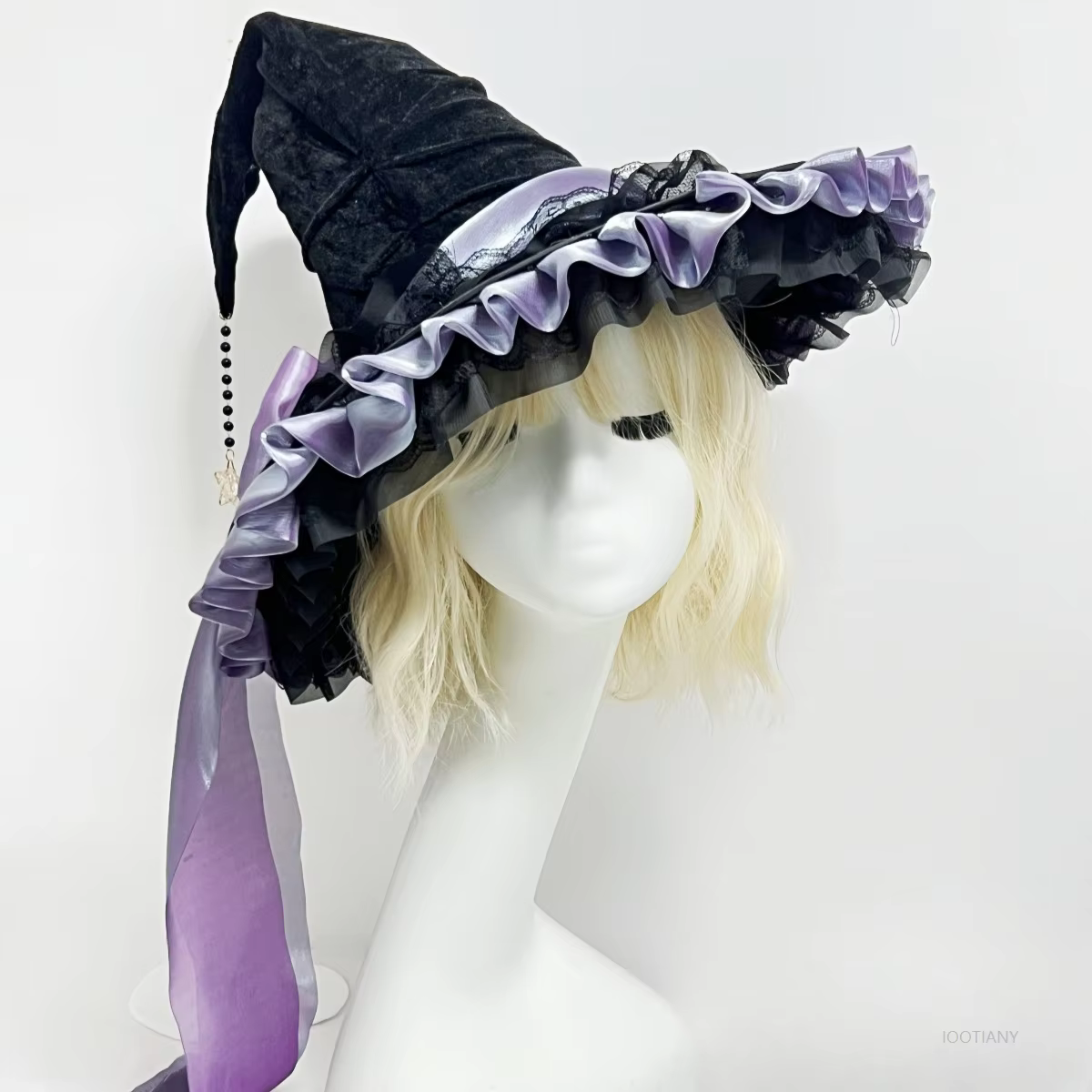 Chapeau magique de sorcière pour fête d'halloween, Costume de carnaval pour fille, gothique, Lolita foncée, nœud de Cosplay, noir, tordu, à volants, accessoire de chapeau de magicien