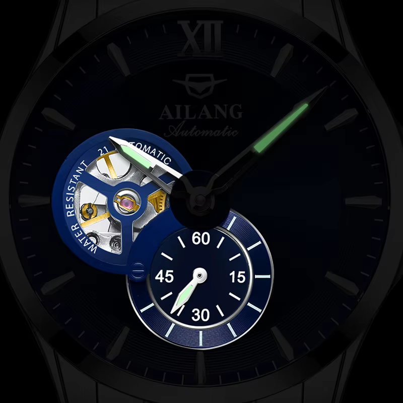 AILANG hommes montres haut de gamme de luxe en acier inoxydable montre mécanique