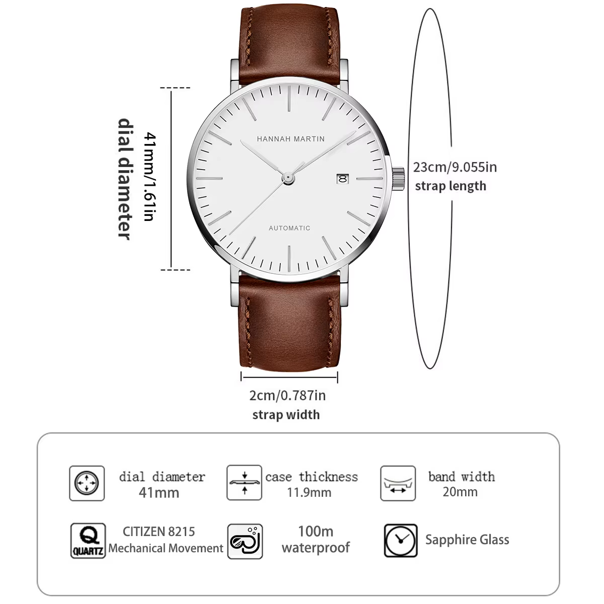 HANNAH MARTIN montre pour hommes de luxe en cuir affaires 8215 automatique mécanique
