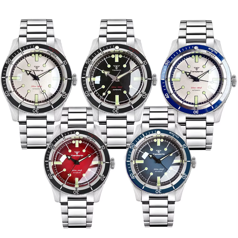 Montre-bracelet mécanique résistante à l'eau 200 m Miyota 8215 Verre saphir bombé Lunette à 120 clics Bracelet en acier Marques lumineuses