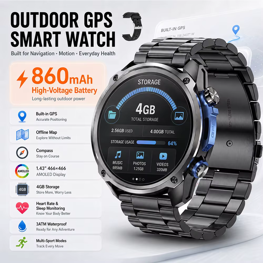 Nouvelle montre connectée GPS 2026 pour hommes avec carte hors ligne intégrée, boussole, étanche 3ATM, montre de sport d'extérieur, randonnée, escalade, suivi d'activité physique