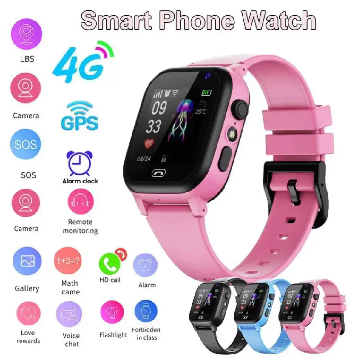 Montre intelligente pour enfants 4G multifonctionnelle étanche SOS GPS localisation caméra appel carte Sim cadeaux