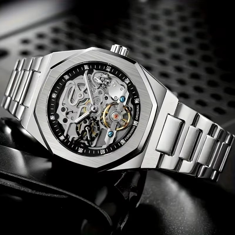 Montre mécanique automatique de luxe pour homme, design hexagonal unique et élégant, bracelet en acier inoxydable, cadeau idéal pour lui, montre de luxe pour homme | Bracelet à la mode | Cadran tr