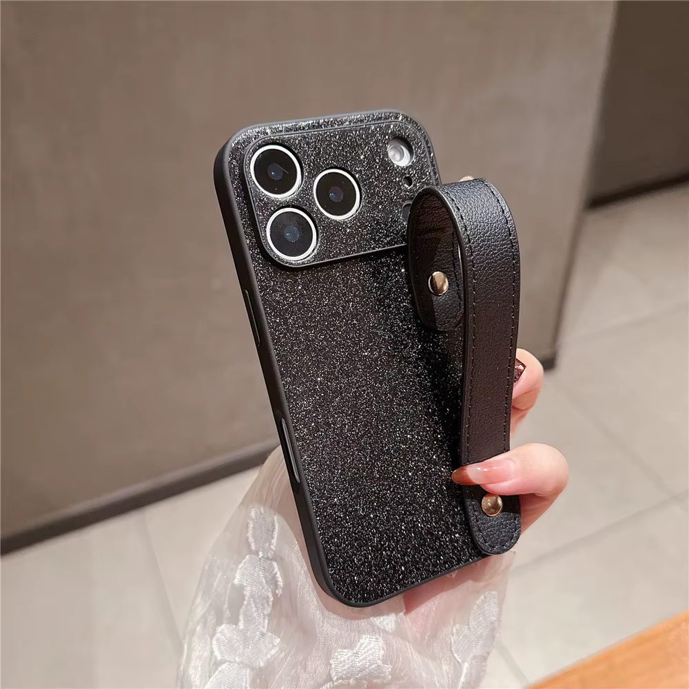 Étui de luxe en cuir brillant avec dragonne, accessoires adaptés à l'iphone 11 12 13 mini 14 15 16E 17 Pro Max Plus, housse de Protection