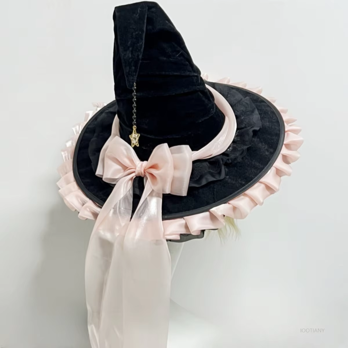 Chapeau magique de sorcière pour fête d'halloween, Costume de carnaval pour fille, gothique, Lolita foncée, nœud de Cosplay, noir, tordu, à volants, accessoire de chapeau de magicien
