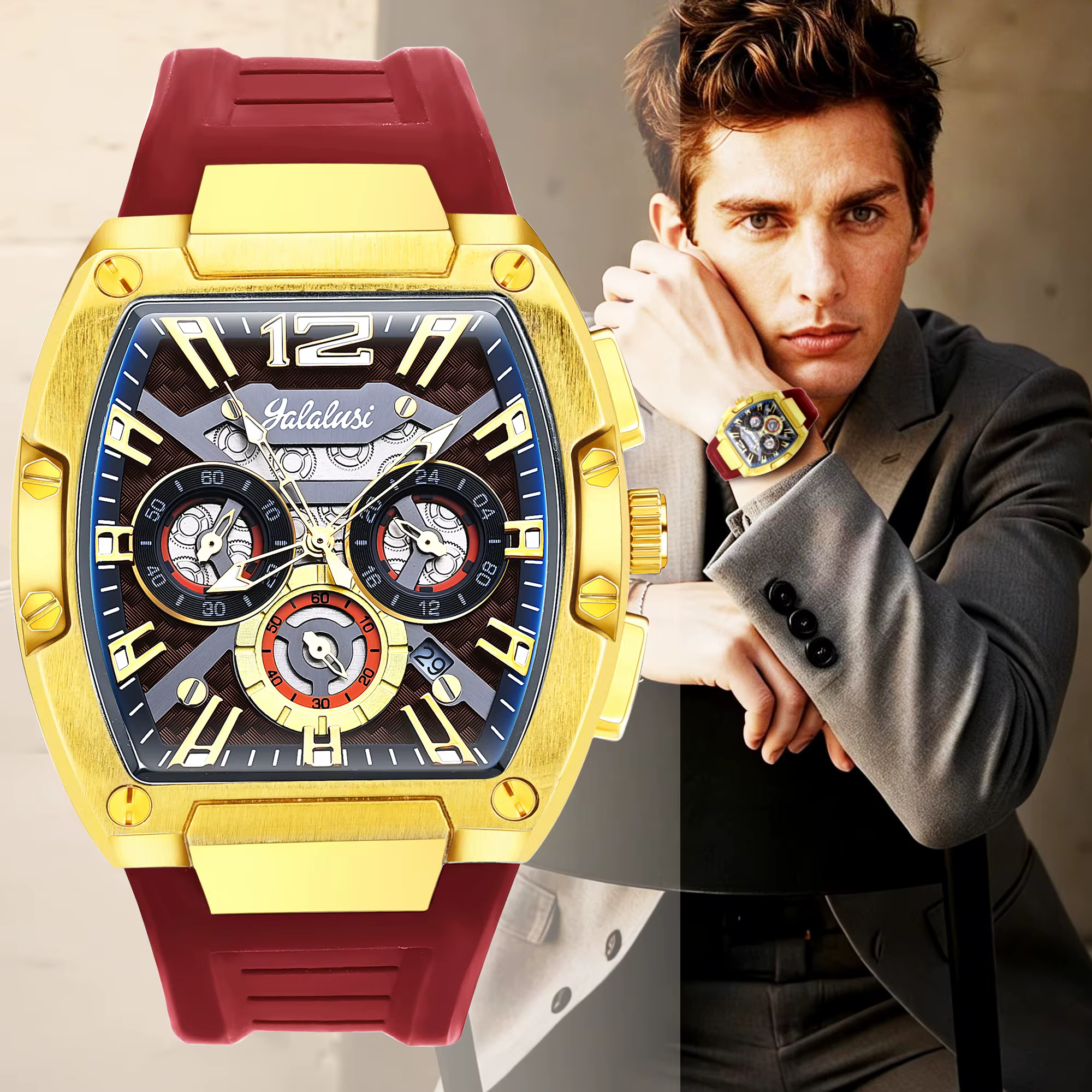 Yalalusi Montre de sport décontractée pour hommes avec grand cadran et mouvement à quartz résistant à l'eau Reloj Hombre