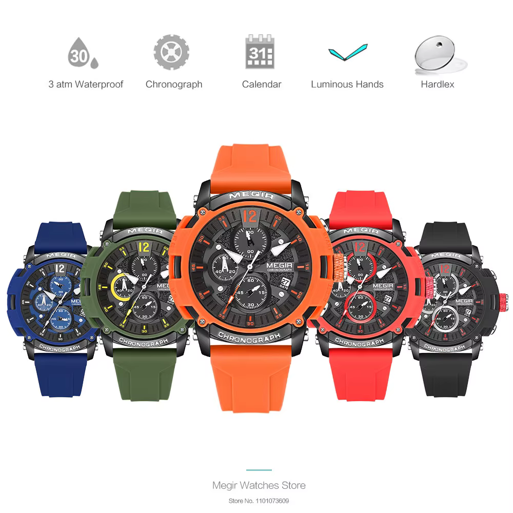 MEGIR Orange Sport montres pour hommes mode étanche lumineux chronographe Quartz montre-bracelet avec Date automatique bracelet en Silicone 2208