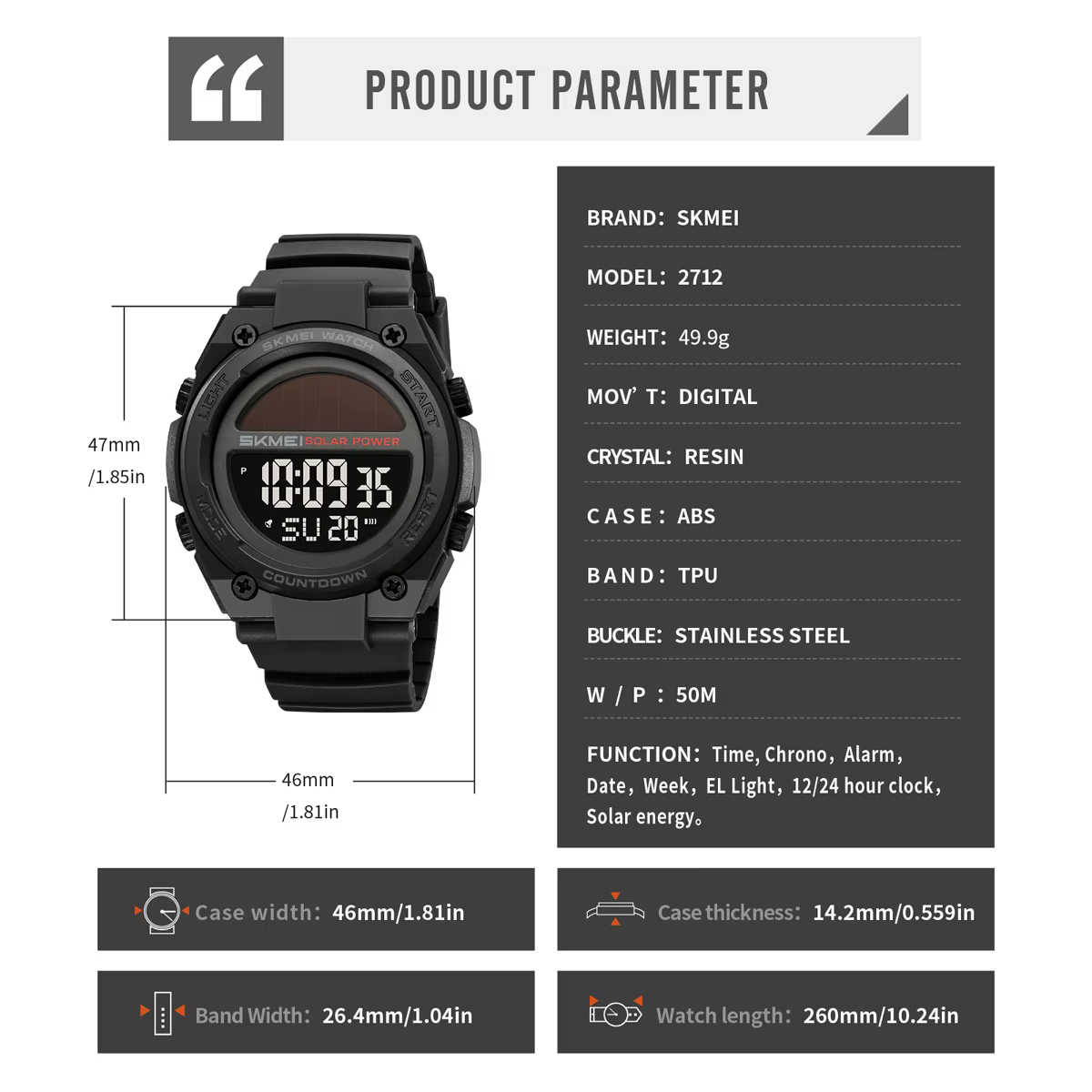 SKMEI 2712 Nouvelle Montre Digitale Sportive Électronique Solaire Étanche Chronographe Militaire Rétro pour Homme