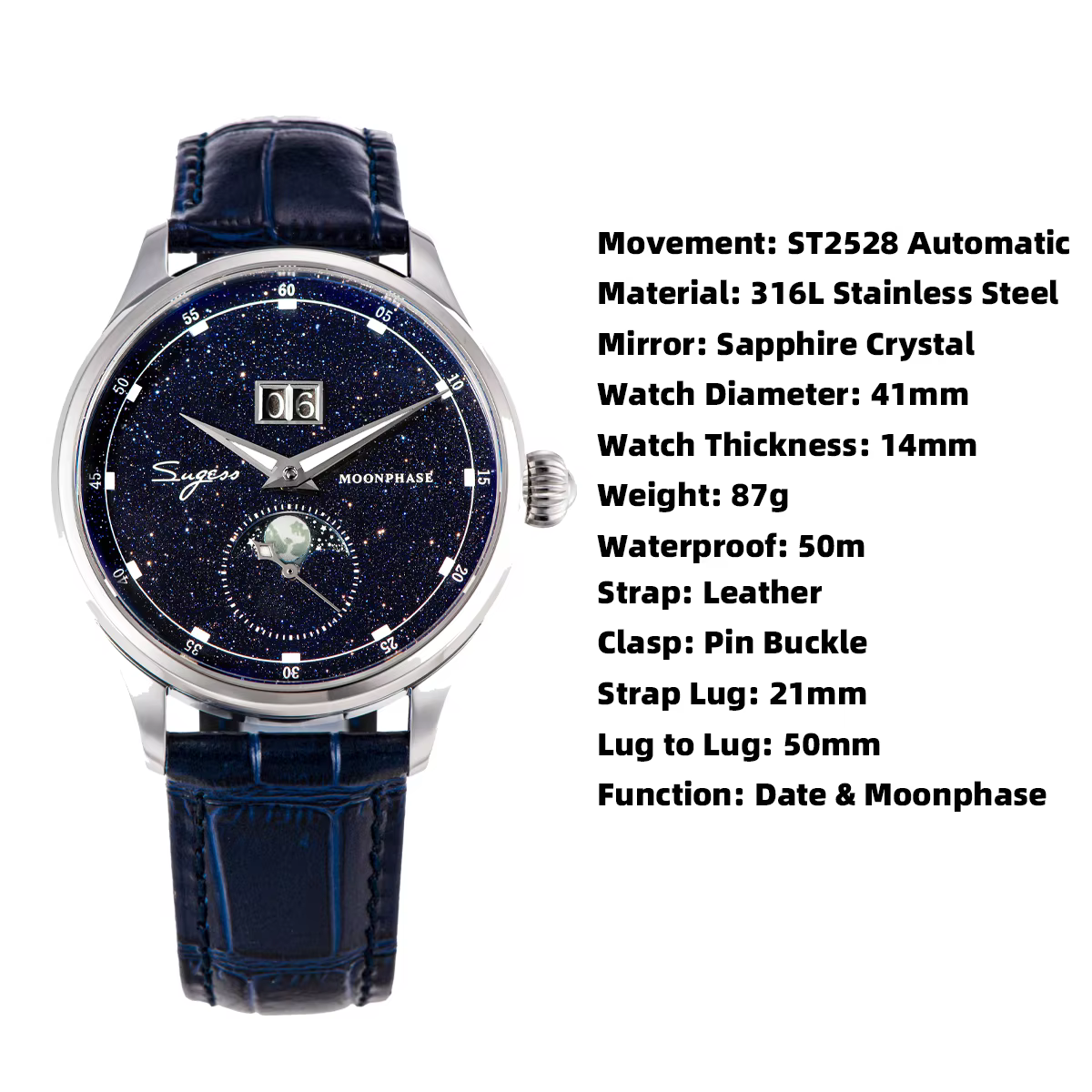 Sugess montre pour hommes édition limitée phase de lune boîtier en acier inoxydable 316L Tianjin ST2528 mouvement de luxe pierres précieuses étoiles cadran cadeau V3