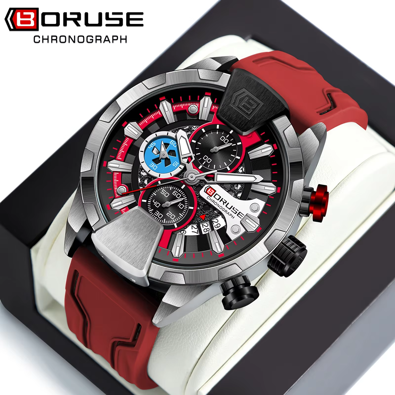 BORUSE montres pour hommes rouge étanche chronographe montre