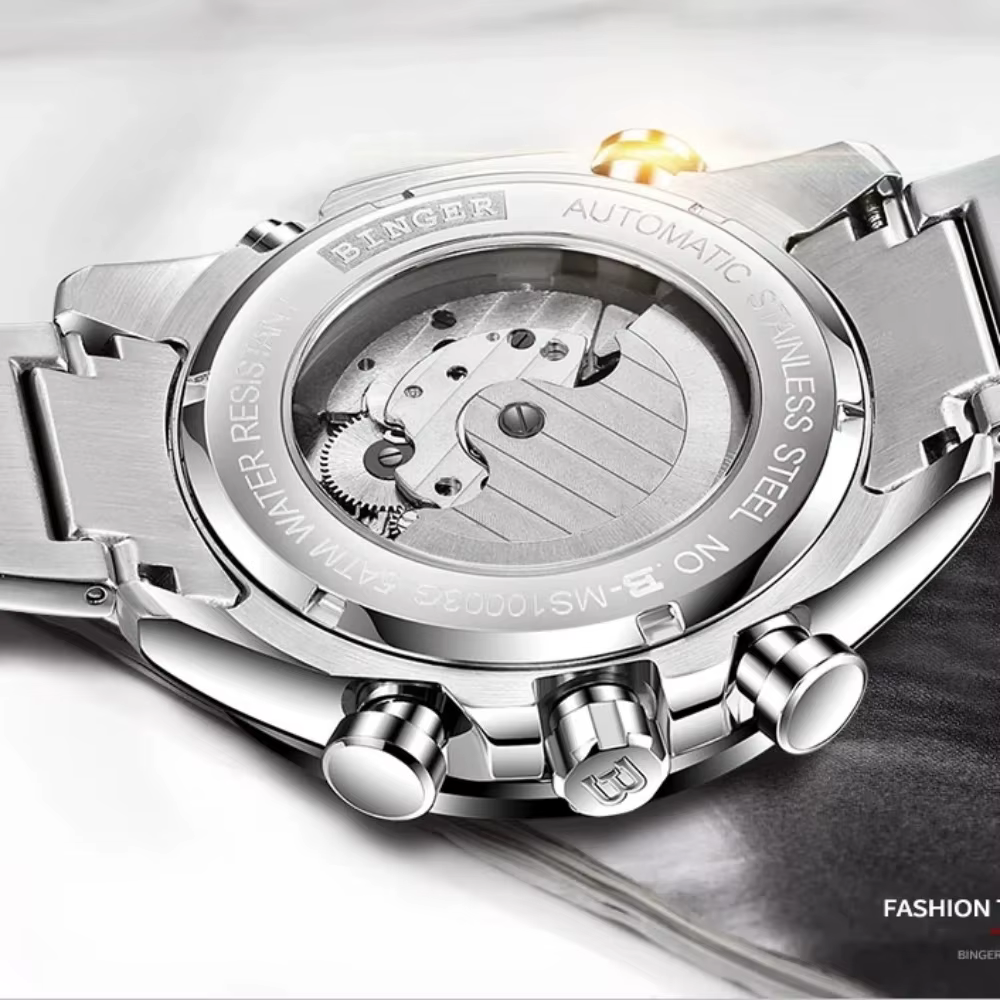 Véritable marque de luxe BINGER hommes montres automatique mécanique lumineux entièrement en acier étanche calendrier de course mâle Phase de lune