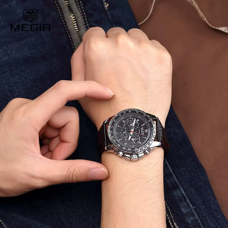 Montre à quartz pour homme MEGIR 1010 avec bracelet en cuir