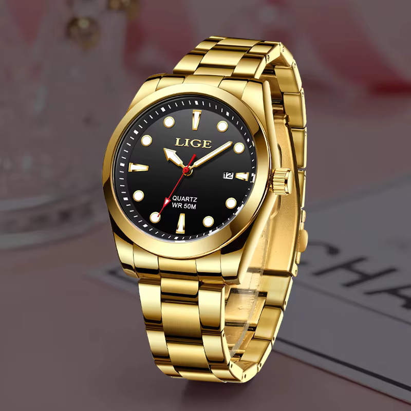 LIGE mode or femmes montres en acier inoxydable étanche montre à Quartz