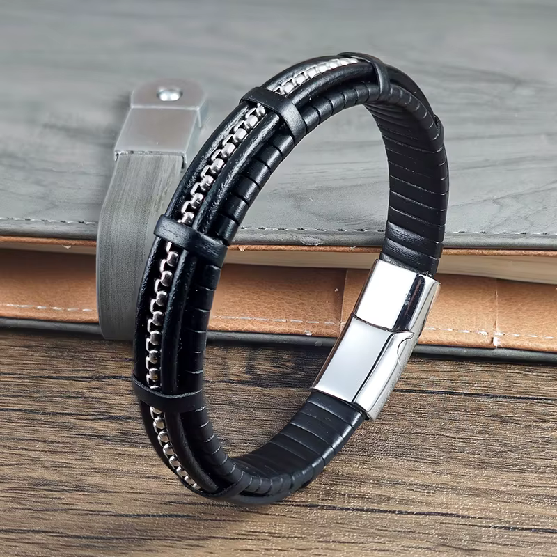 Bracelet en cuir et acier inoxydable pour homme