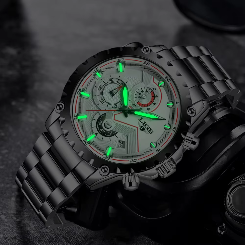 LIGE mode hommes montres haut de gamme marque argent acier inoxydable 30 m étanche montre à Quartz