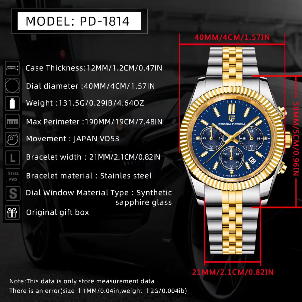PAGANI DESIGN 2025 nouveau VD53 montre à quartz de luxe pour hommes 40MM en acier inoxydable saphir étanche 50m lumineux C3 relojes para hombre