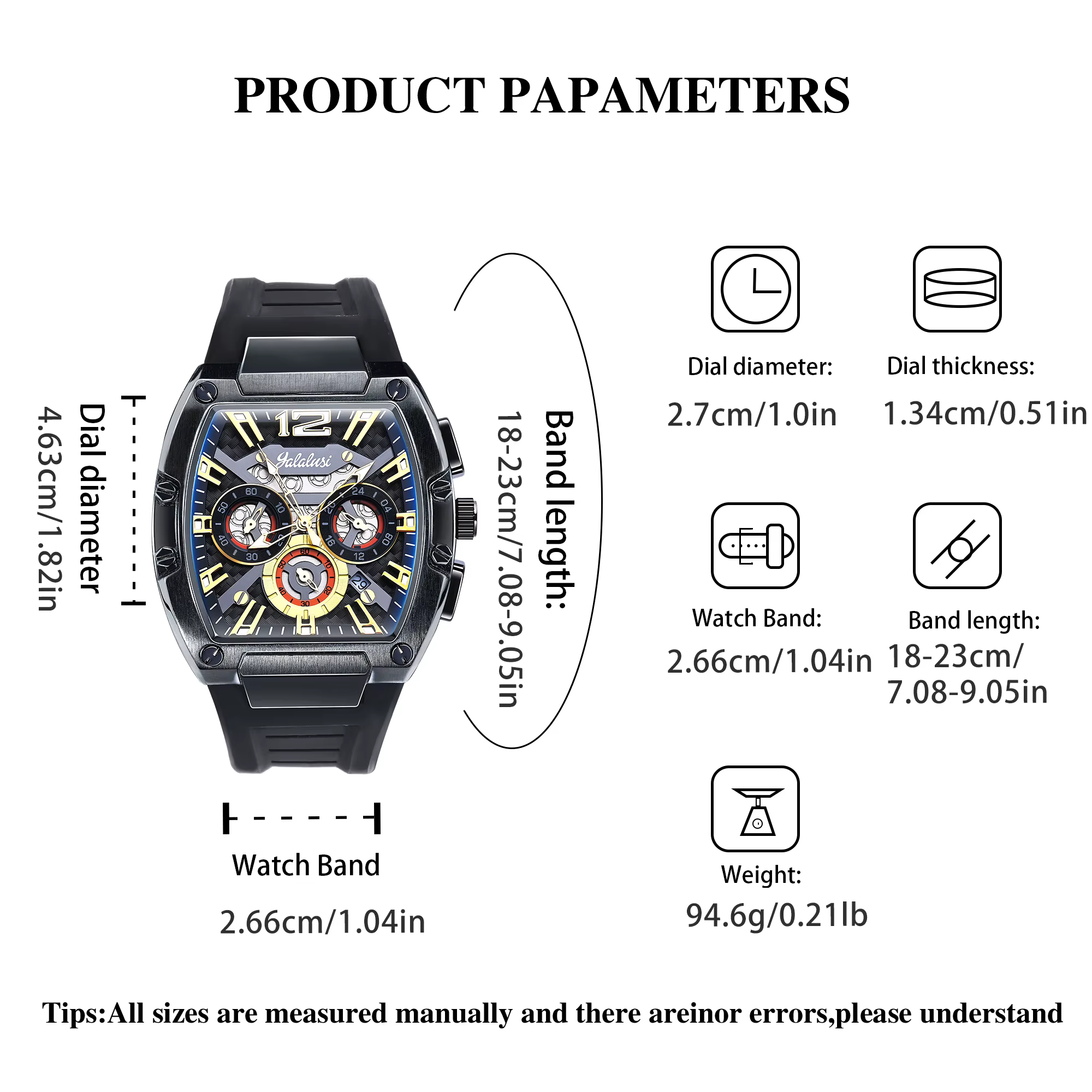Yalalusi Montre de sport décontractée pour hommes avec grand cadran et mouvement à quartz résistant à l'eau Reloj Hombre