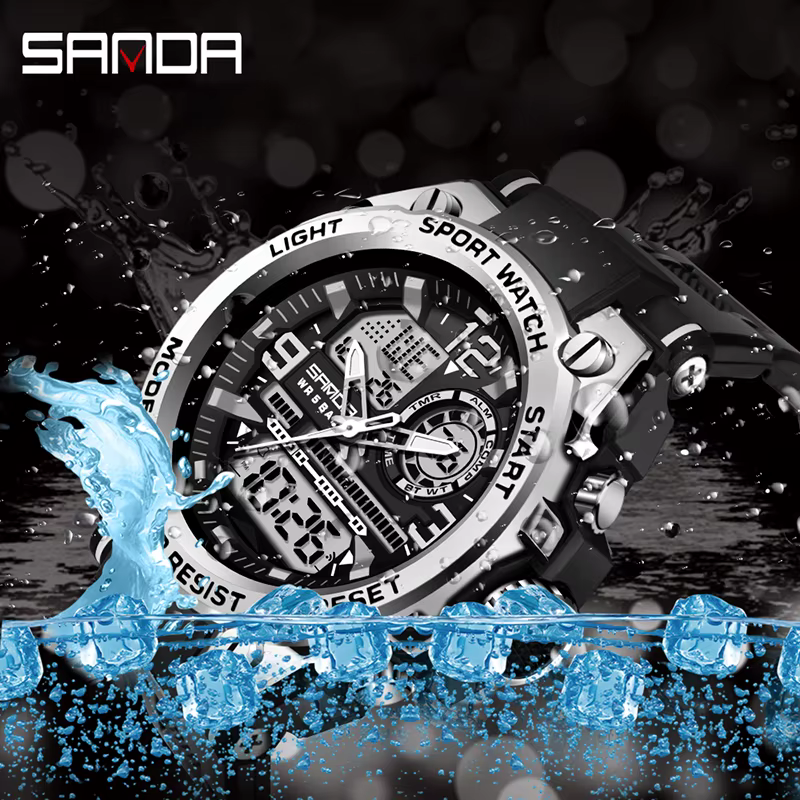 SANDA hommes sport montres à Quartz double affichage LED électronique numérique