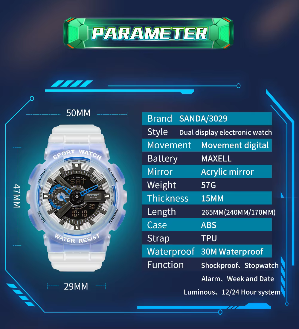 SNADA 2025 nouvelles montres pour hommes sport montre-bracelet électronique étanche mode fluorescente double affichage montre à Quartz numérique 3029