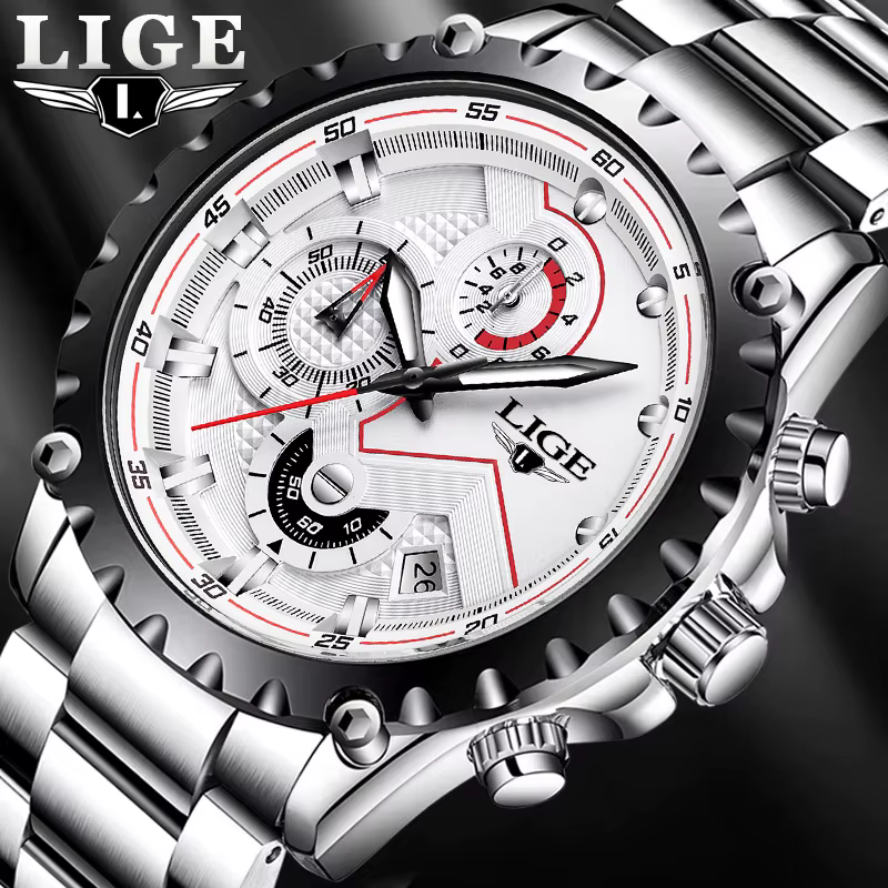 LIGE mode hommes montres haut de gamme marque argent acier inoxydable 30 m étanche montre à Quartz