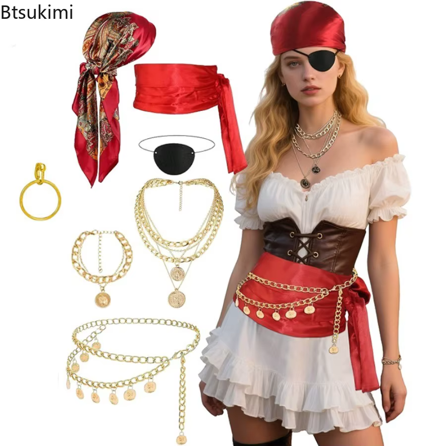 Accessoires de costume de pirate médiéval et de la Renaissance pour femmes et hommes, ensemble vintage de foulard, ceinture, collier et bracelet, tenue de fête d'Halloween