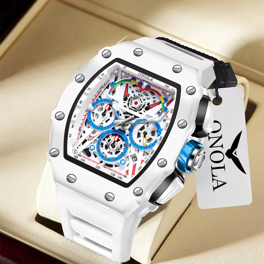 Montres pour homme ONOLA 6827W tendance blanc hommes montre étanche chronographe Quartz montre-bracelet sport bracelet en Silicone Reloj Hombre