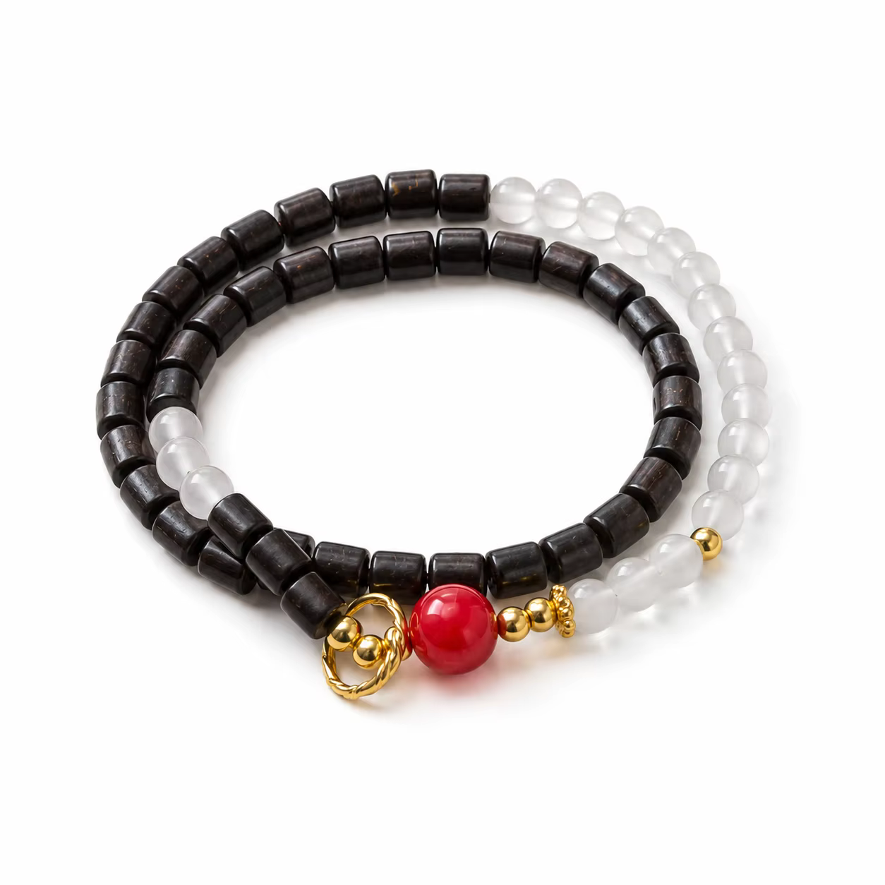 Bracelet double tour en perles de bois pour femmes et hommes, avec perle rouge et breloque dorée, bijou de poignet superposé, style fait main, cadeau