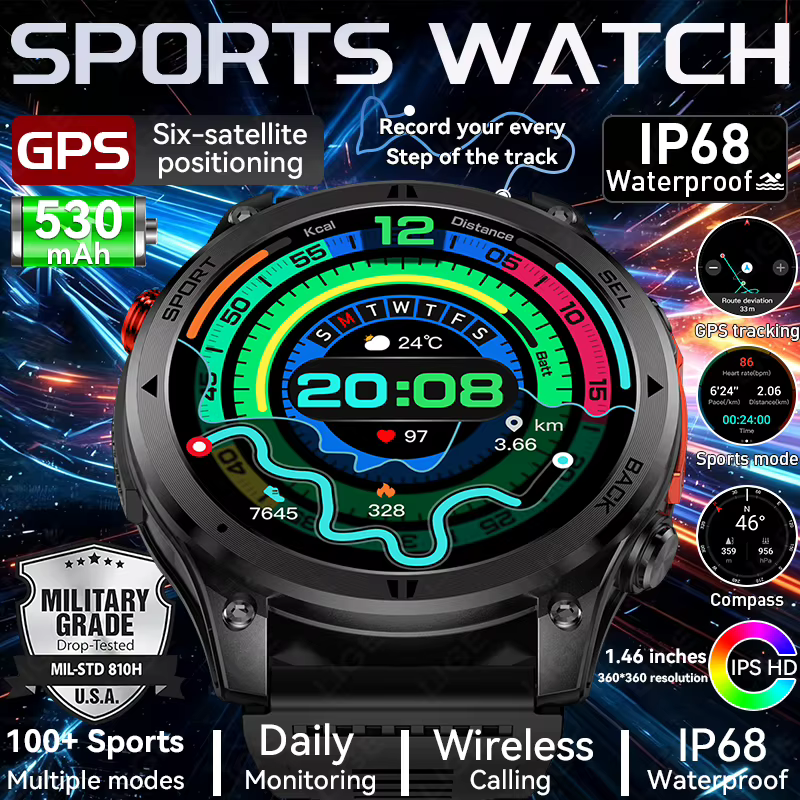 Montre connectée GPS pour l'extérieur, navigation par trajectoire, écran HD 1,46 pouces, plus de 100 modes sportifs, étanche IP68, 530 mAh, boussole pour Android iOS