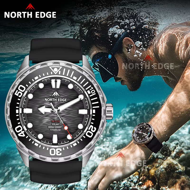 NORTH EDGE TRITON-Ti montre de plongée à énergie solaire boîtier en alliage de titane hommes montres à Quartz de luxe