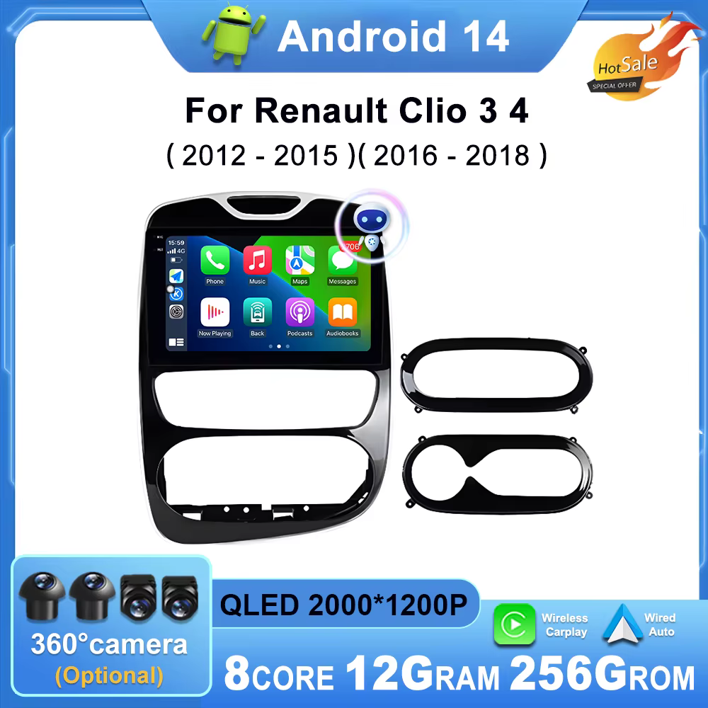 Autoradio Android 14, Navigation GPS, Carplay, Lecteur Stéréo, Limitation, 10 Pouces, pour Voiture Renault Clio 3, 4 (2012-2015, 2016-2018)