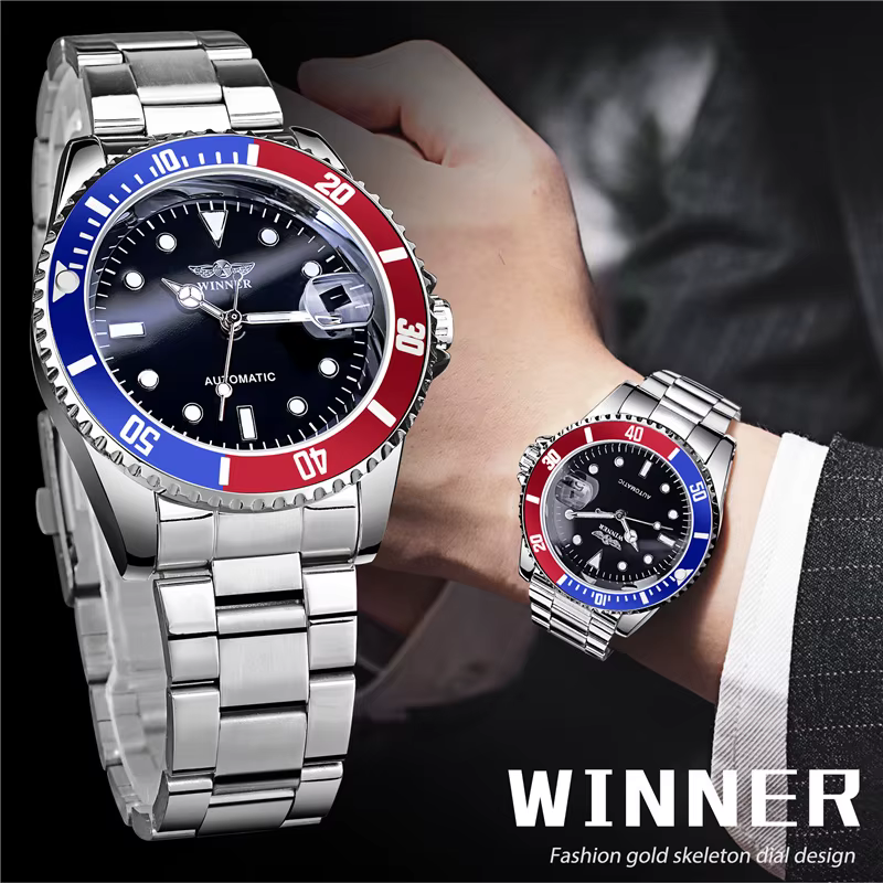 WINNER 002 montre-bracelet mécanique automatique pour hommes aiguilles lumineuses Date mode acier inoxydable et bracelet en cuir horloge cadeaux