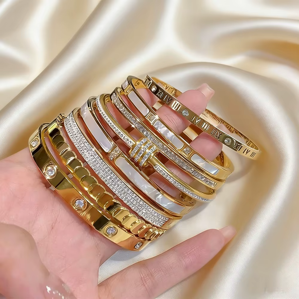 Bracelet jonc de luxe en acier inoxydable plaqué or pour femme, accessoire de mode, cadeau fête des Mères ﻿