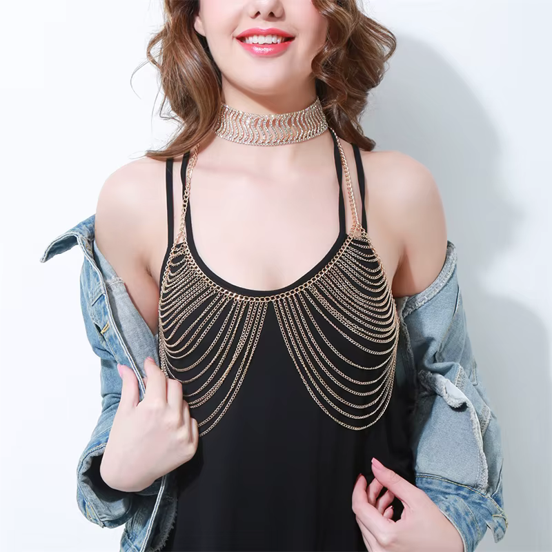 Chaîne de corps pour femmes, accessoire d'halloween, Lingerie Sexy, bonnet à pompon, soutien-gorge, haut court, multicouche, vêtements de boîte de nuit, bijoux de fête, automne 2024