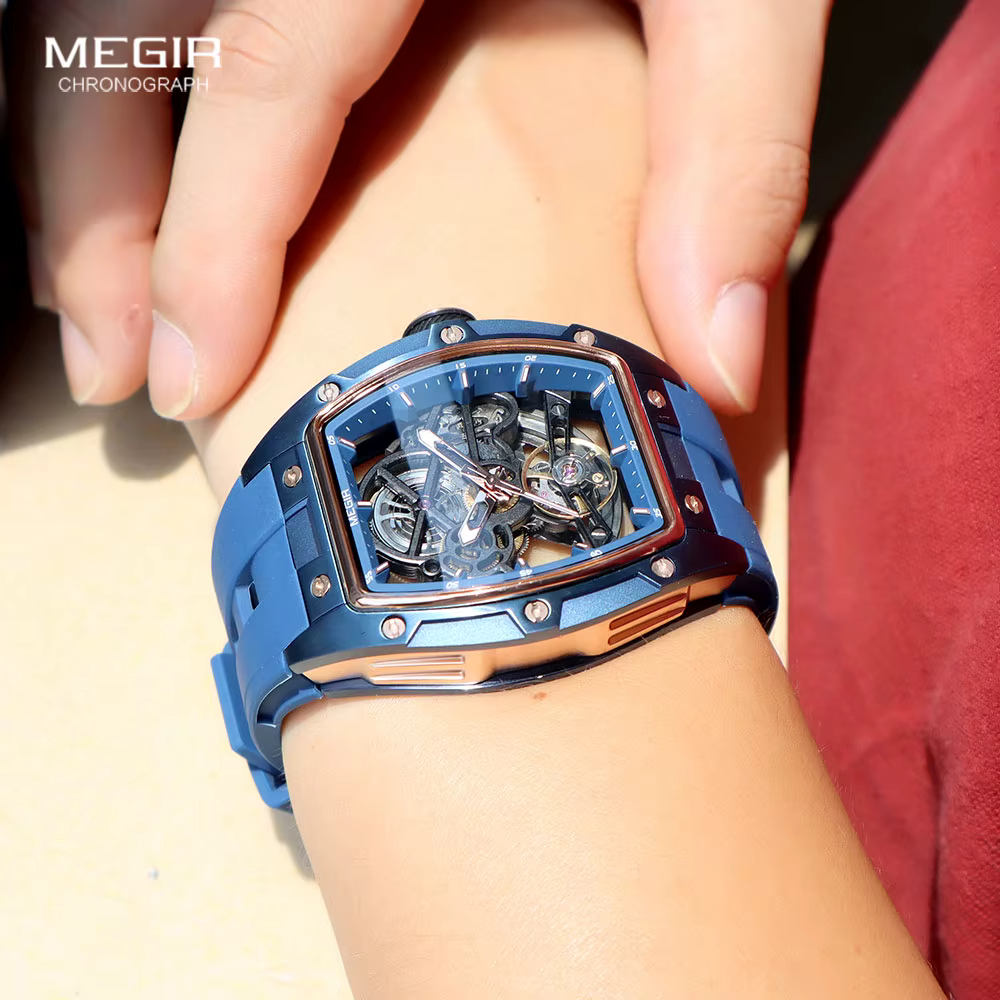 MEGIR 2242 montre automatique bleue pour hommes Sport montre-bracelet mécanique étanche en acier inoxydable avec bracelet en Silicone cadran squelette