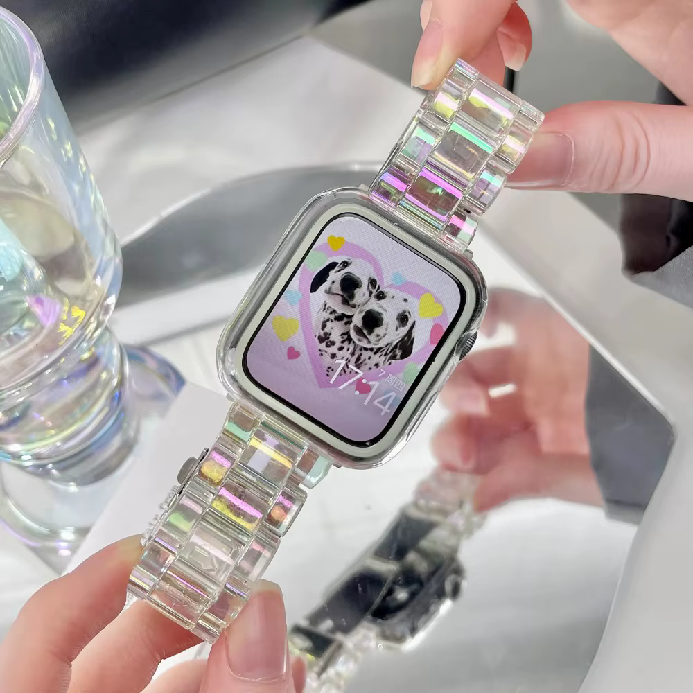 Bracelet Transparent arc-en-ciel en résine pour Apple Watch Ultra 2 49mm 10 46mm 7 8 9 41 45mm 38 40 42 44mm