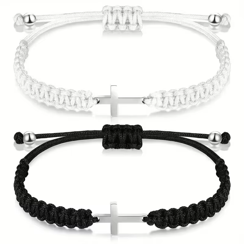 Bracelets de Couple en corde tressée, croix Simple, noir et blanc, couleur argent, réglable, bijoux chrétiens