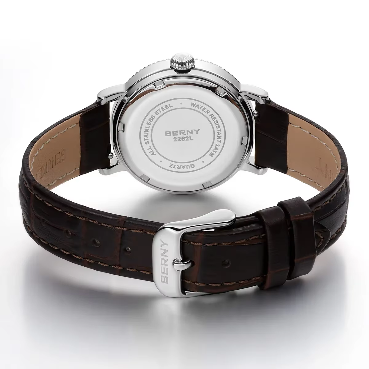 BERNY Montres pour femmes, montre de luxe pour affaires, phase de lune, élégante, à quartz, bracelet en cuir, acier inoxydable