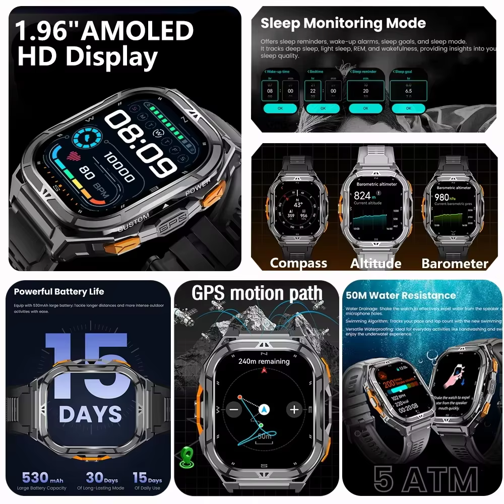 Nouvelle Montre Connectée GPS 2026 Étanche 5ATM avec Carte Hors Ligne Intégrée et Boussole, Montre de Sport Militaire, 170+ Modes Sportifs, Smartwatch de Natation pour Hommes
