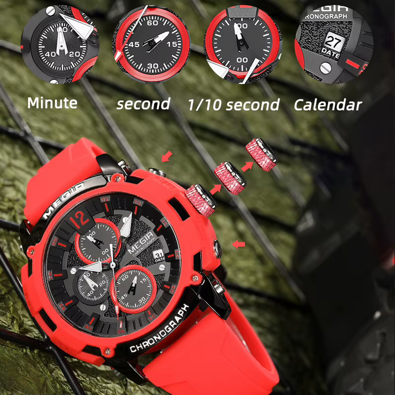 Megir montre à Quartz analogique chronographe pour hommes avec Date aiguilles lumineuses bracelet en Silicone Orange montre-bracelet étanche homme