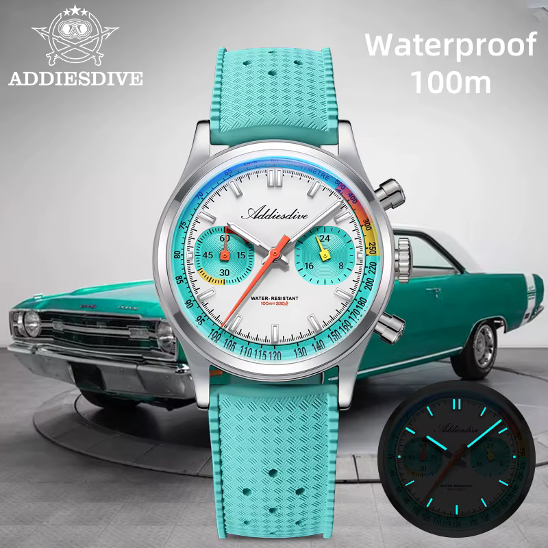 ADDIESDIVE TOP 38mm chronographe montre VK64 10Bar étanche BGW9 Super lumineux fluorocarbone caoutchouc Quartz