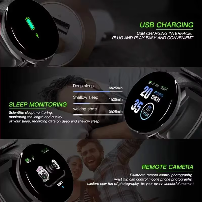 Montre connectée D18, écran couleur circulaire