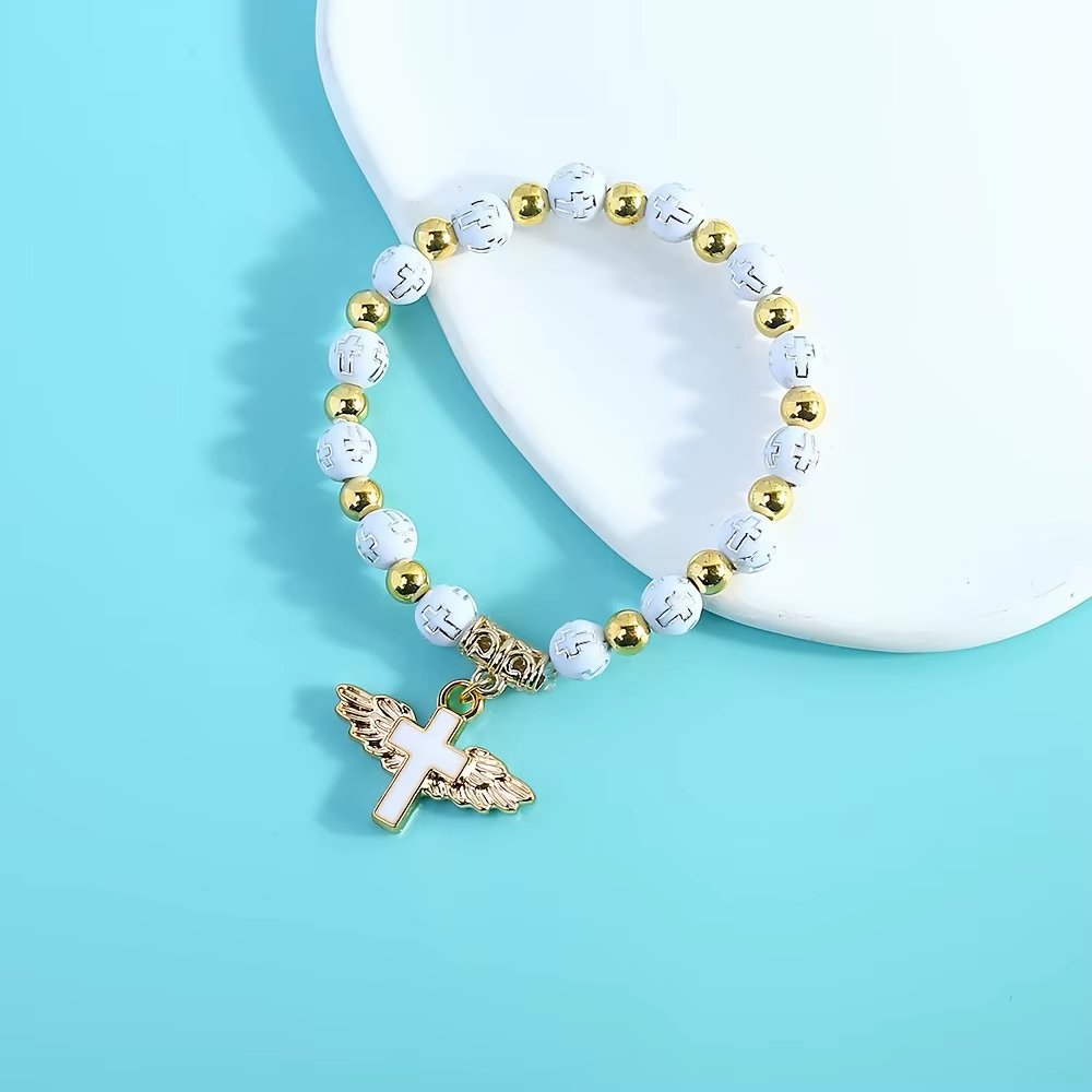 6/12 ensembles de bracelets de baptême en gros, bracelets perlés avec ailes d'ange et croix, avec étiquettes de remerciement et sacs en organza