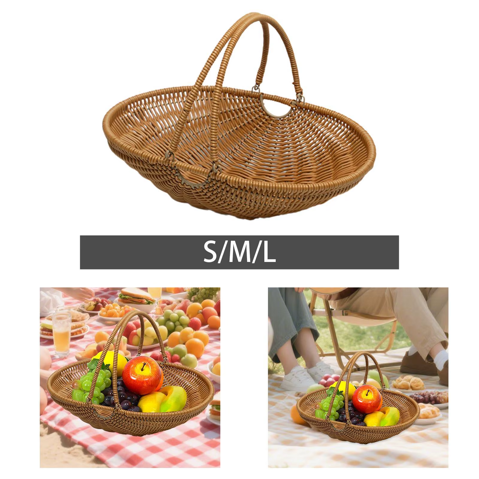 Panier de rangement pour pique-nique en matériau PP avec poignée pliable pour articles alimentaires et petits objets