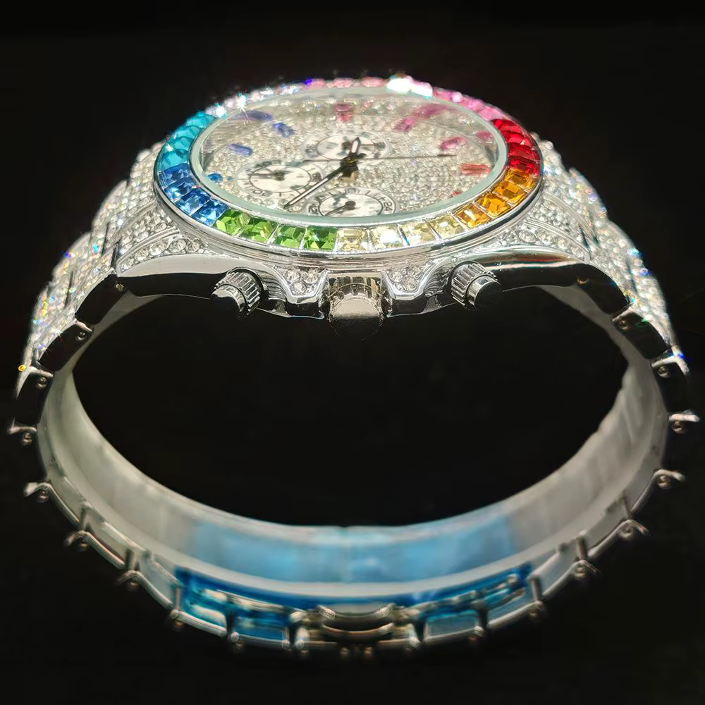 Mode glace montres hommes marque UNIGUET luxe en acier inoxydable Hip Hop arc-en-ciel diamant Quartz montre-bracelet mâle cadeau livraison directe
