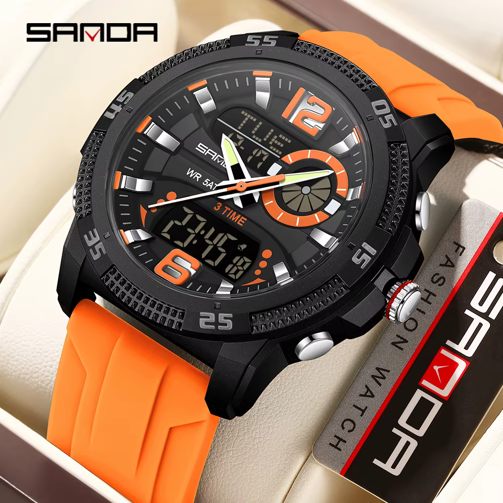 SANDA mode luxe hommes montres double affichage numérique Sport analogique Quartz homme montre-bracelet décontracté étanche silice chronographe